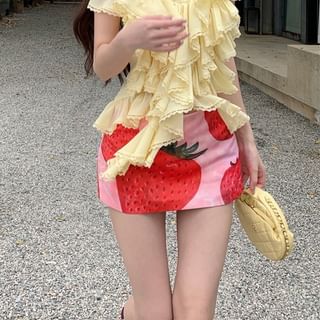 Halter Plain Ruffle Top / High Waist Strawberry Print Mini Pencil Skirt