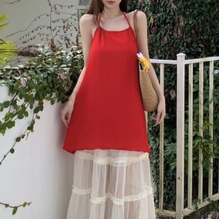 Halter Plain Mini A-Line Dress / High Rise Plain Tiered Mesh Maxi A-Line Skirt