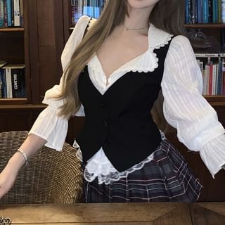 Puff-Sleeve Striped Lace Trim Blouse / Plain Button-Up Cami Top / High Waist Plaid Pleated Mini A-Line Skirt