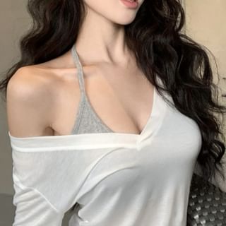 Long-Sleeve V-Neck Plain Tee / Scoop Neck Halter Top