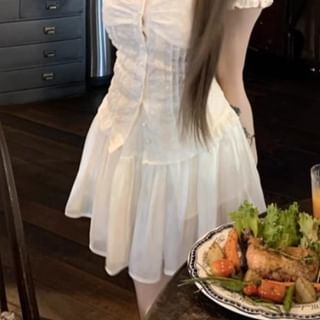 Off-Shoulder Plain Ruffled Shirred Blouse / High Rise Mini A-Line Skirt