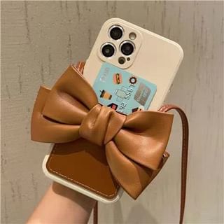 Bow Card Holder Faux Leather Phone Case with Lanyard