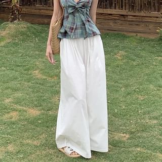 Halter Plaid Bow Peplum Tank Top / High Waist Plain Culottes