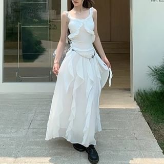 Plain Ruffle Trim Slim Fit Tank Top / Elastic Waist Asymmetrical Midi A-Line Skirt