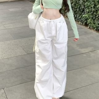 Long-Sleeve V-Neck Plain Ribbed Knit Crop Top / Drawstring Waist Wide Leg Cargo Pants