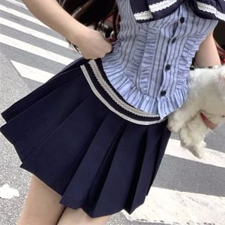 Sleeveless Collar Striped Bow Blouse / High Rise Pleated Mini A-Line Skirt