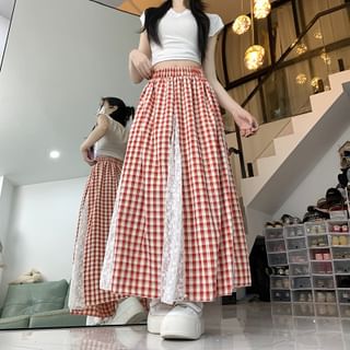 Plaid Maxi Skirt with Lace Panel and High Rise