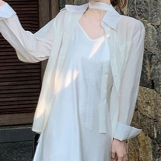 Long-Sleeve Plain Shirt / Spaghetti Strap V-Neck Maxi Sundress