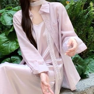 Long-Sleeve Plain Shirt / Spaghetti Strap V-Neck Maxi Sundress
