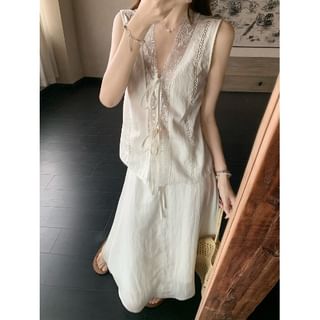 Lace Trim Top and Maxi Skirt Set with V-Neck