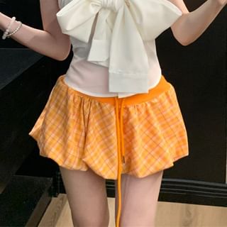 Plain Bow Tube Top / Drawstring Waist Plaid Mini A-Line Balloon Skirt