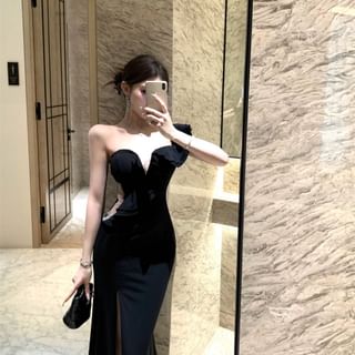 Trim Mermaid Panel Shoulder Gown Off Evening Ruffle