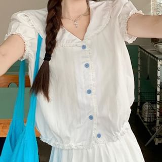 Short-Sleeve Button Shirt Paired with Mini A-Line Skirt