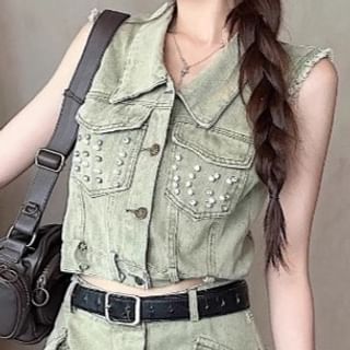 Sequin Denim Sleeveless Crop Top and Mini Skirt Duo