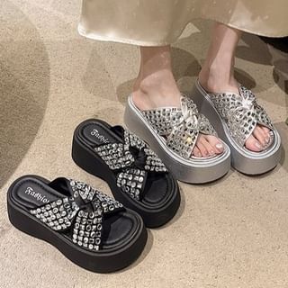 Rhinestone Cross Strap Sandals Platform