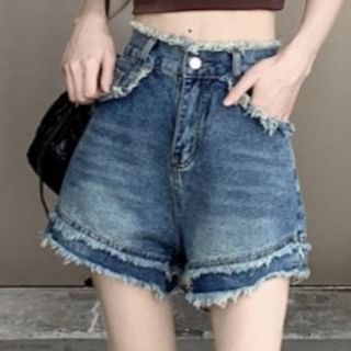 High Waist Washed Fringed Trim Denim Hot Pants