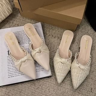 Chunky Faux Mules Toe Pointed Knot Heel Pearl