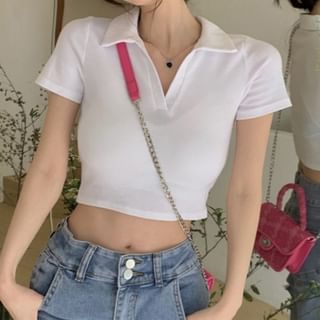 Plain Cropped Short-Sleeved Polo Top
