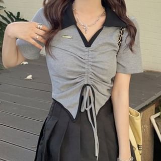 Two-Tone Drawstring Waist Cropped Short-Sleeved Polo