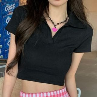 Plain Cropped Short-Sleeved Polo Top