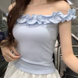 Frill Trim Off-Shoulder Cropped Plain Top