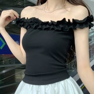Frill Trim Off-Shoulder Cropped Plain Top
