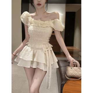 Ruffled Off-Shoulder Blouse, Bow-Hem Skort & Tiered Mini Skirt Set