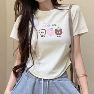 Crewneck Crop Short-Sleeve T-Shirt Embroidered