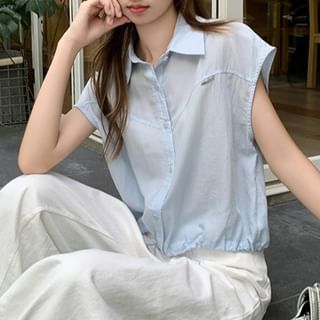 Drawstring Collared French-Sleeved Plain Blouse