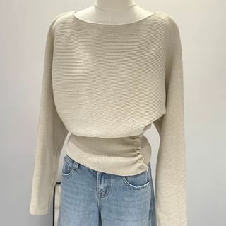 Off Shoulder Plain Ruched Knit Top with Long Sleeves and Textured Finish