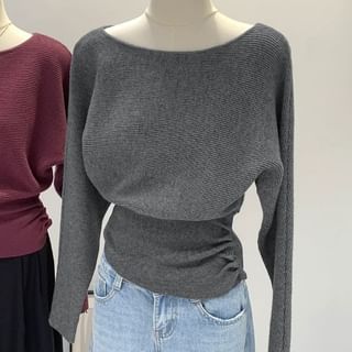 Off Shoulder Plain Ruched Knit Top with Long Sleeves and Textured Finish