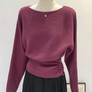 Off Shoulder Plain Ruched Knit Top with Long Sleeves and Textured Finish