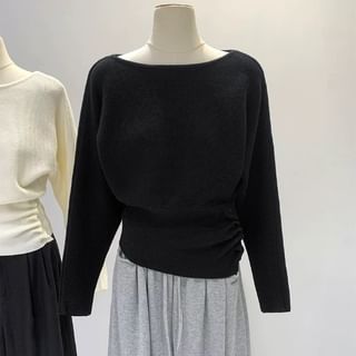 Off Shoulder Plain Ruched Knit Top with Long Sleeves and Textured Finish
