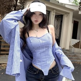 Plaid Padded Crop Camisole & Oversized Button-Up Long-Sleeve Shirt