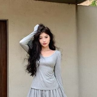 Scoop-Neck Tie-Back Long-Sleeve Tee & High-Waist Mini A-Line Skort