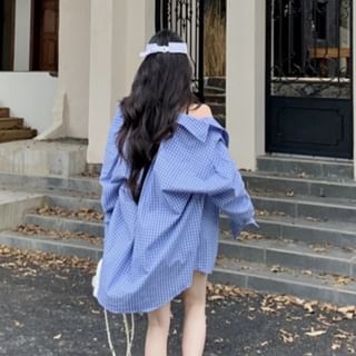 Plaid Padded Crop Camisole & Oversized Button-Up Long-Sleeve Shirt