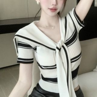Striped Ribbed Knit Top with Sailor Collar and Short Sleeves
