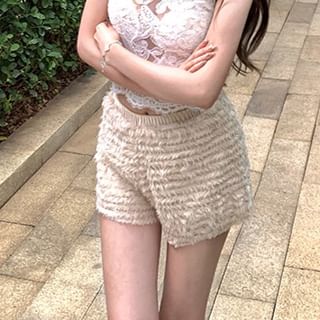 Plain Lace Crop Top Sleeveless with Round Neck, Fringe Shorts and Flared Pants Set
