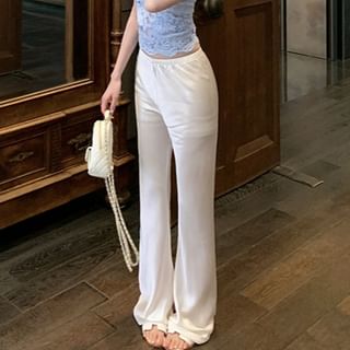 Plain Lace Crop Top Sleeveless with Round Neck, Fringe Shorts and Flared Pants Set