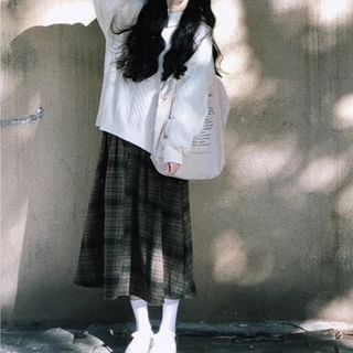 Crew Neck Cable Knit Sweater & Plaid Midi A-Line Skirt