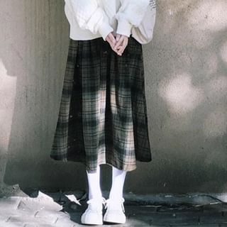 Crew Neck Cable Knit Sweater & Plaid Midi A-Line Skirt