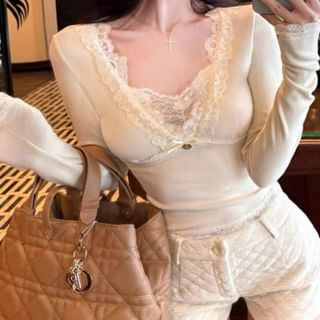 V-Neck Lace Trim Top with Long Sleeves