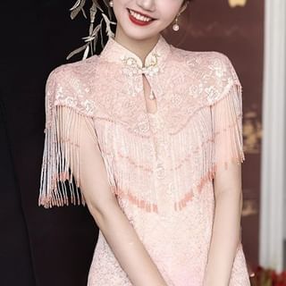 Sleeveless Floral Midi Qipao Evening Dress / Bead Fringed Cape / Set