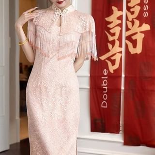 Sleeveless Floral Midi Qipao Evening Dress / Bead Fringed Cape / Set