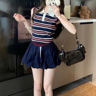 Sleeveless Striped Polo Knit Top High Rise Plain Mini A-Line Skirt