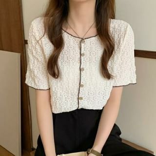 Puff-Sleeve Contrast Button-Up Lace Blouse