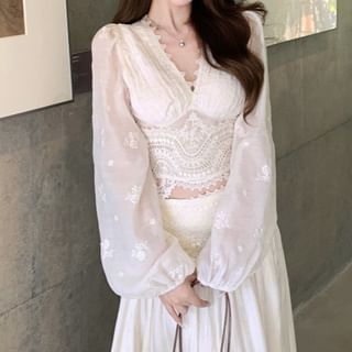 V-Neck Lace Panel Cropped Blouse and Maxi A-Line Skirt