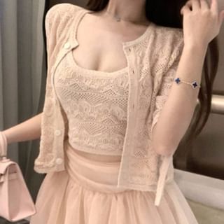 Scoop Neck Crochet Crop Tank, Cardigan & Mesh Mini A-Line Skirt Set