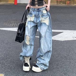 Low Waist Washed Distressed Baggy Jeans