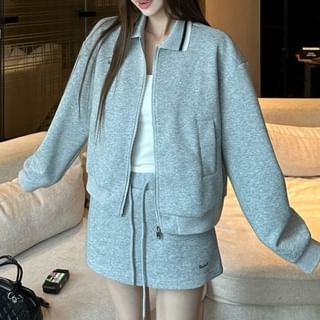 Contrast Trim Zip Jacket with A-Line Mini Skirt